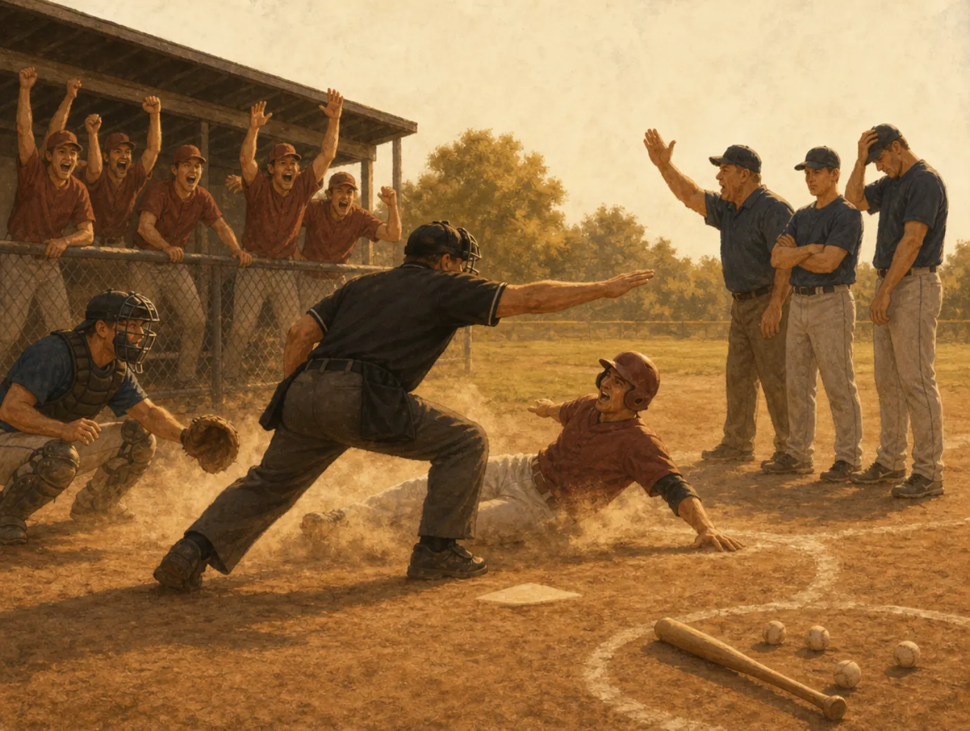 In-group favoritism: an umpire's safe call thrills one jersey-colored team while the other stands crossed-armed in disbelief.