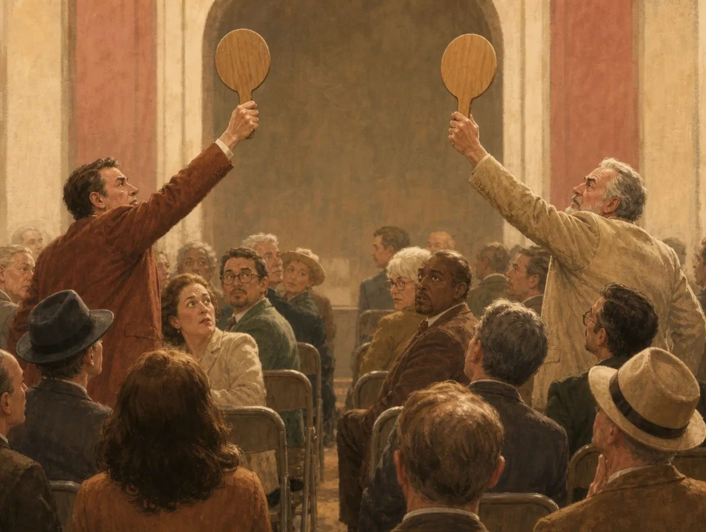 Irrational Escalation: two rival bidders in an auction hall keep raising blank paddles, neither willing to back down first.