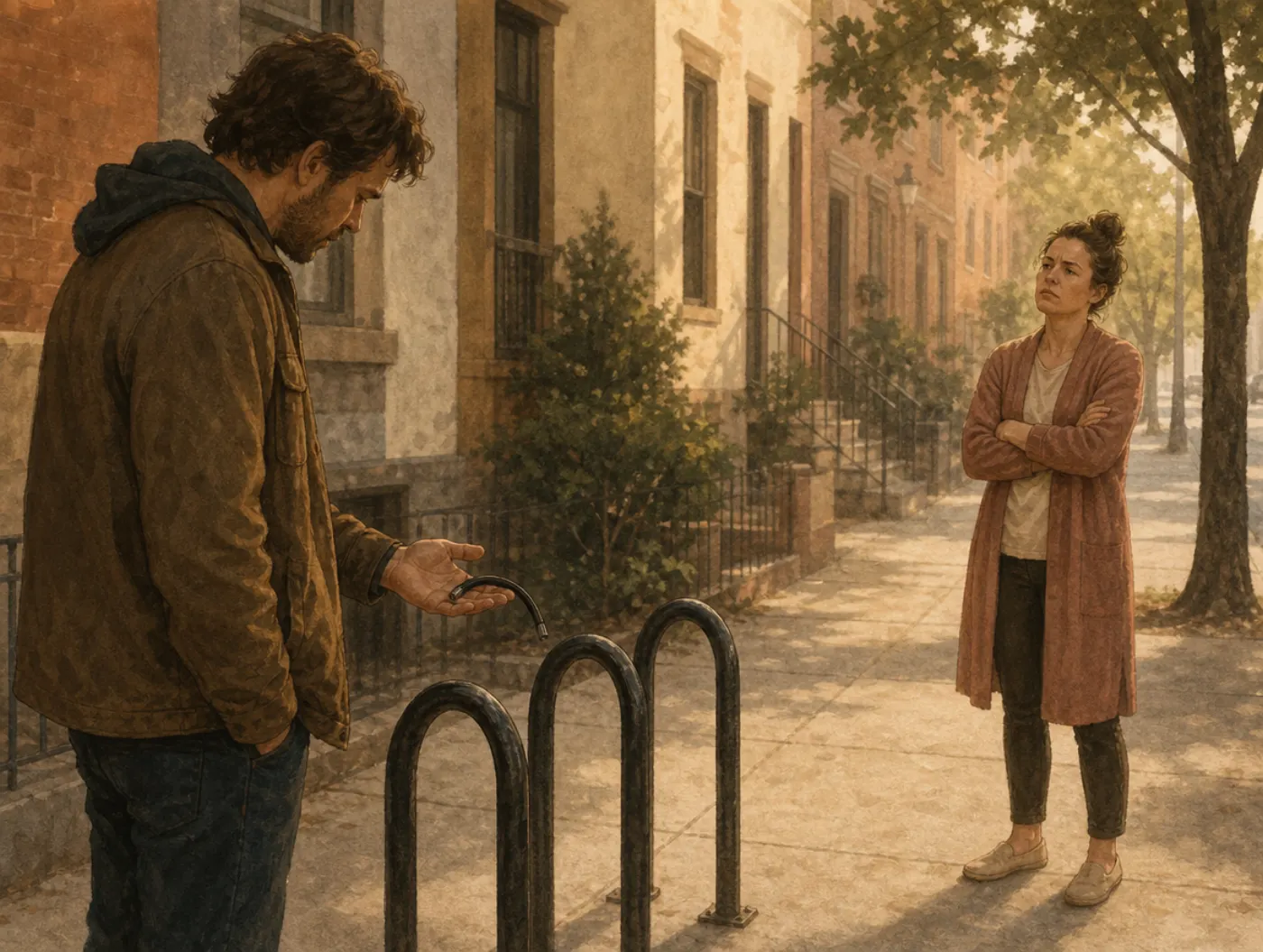 Just-world hypothesis: a man holds a cut bike lock while a neighbor eyes him with arms crossed instead of sympathy.