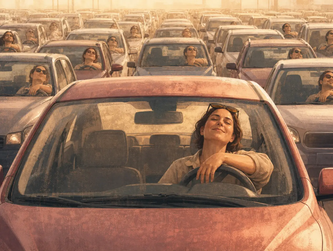 Lake Wobegon effect: a driver smiles smugly in traffic, certain their driving beats everyone else's around them.