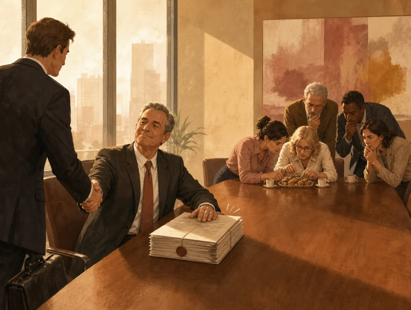 Law of triviality: a boardroom seals a huge deal with a quick tap while others fuss over a coffee tray.