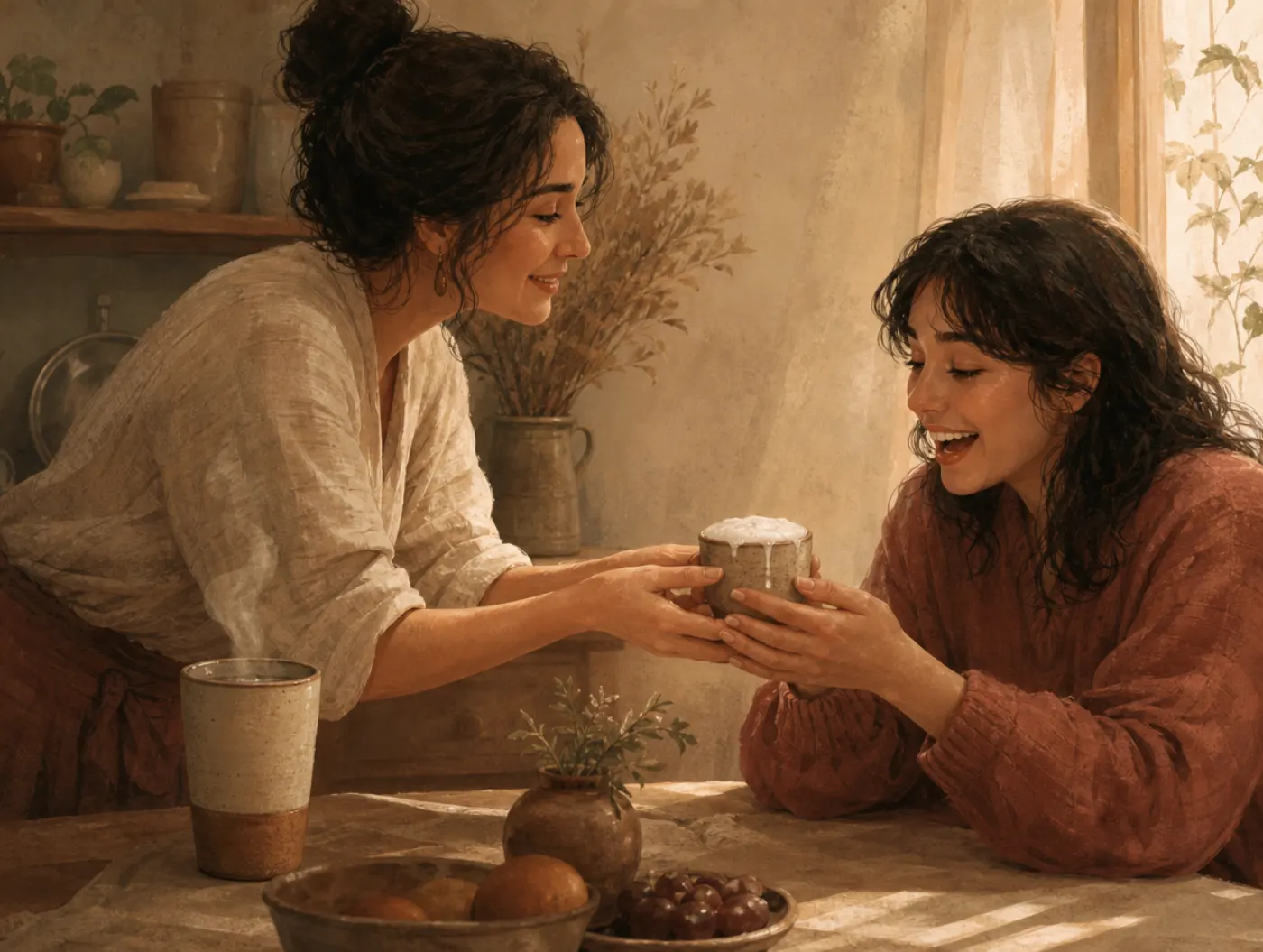 Less-Is-Better Effect: a small overflowing cup is warmly handed over while a taller, half-filled cup sits ignored behind.