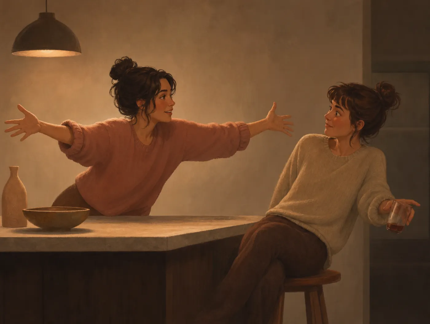 Leveling and sharpening: a storyteller's hands stretch wide while the listener leans back, the room around them left bare.
