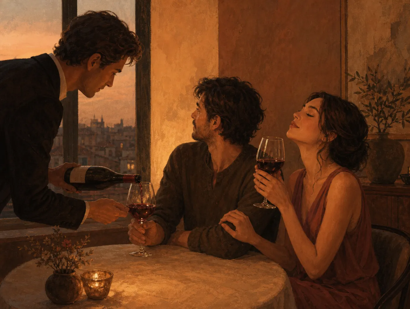 Levels-of-processing effect: one dinner guest glances past their wine while another closes their eyes, savoring it deeply.