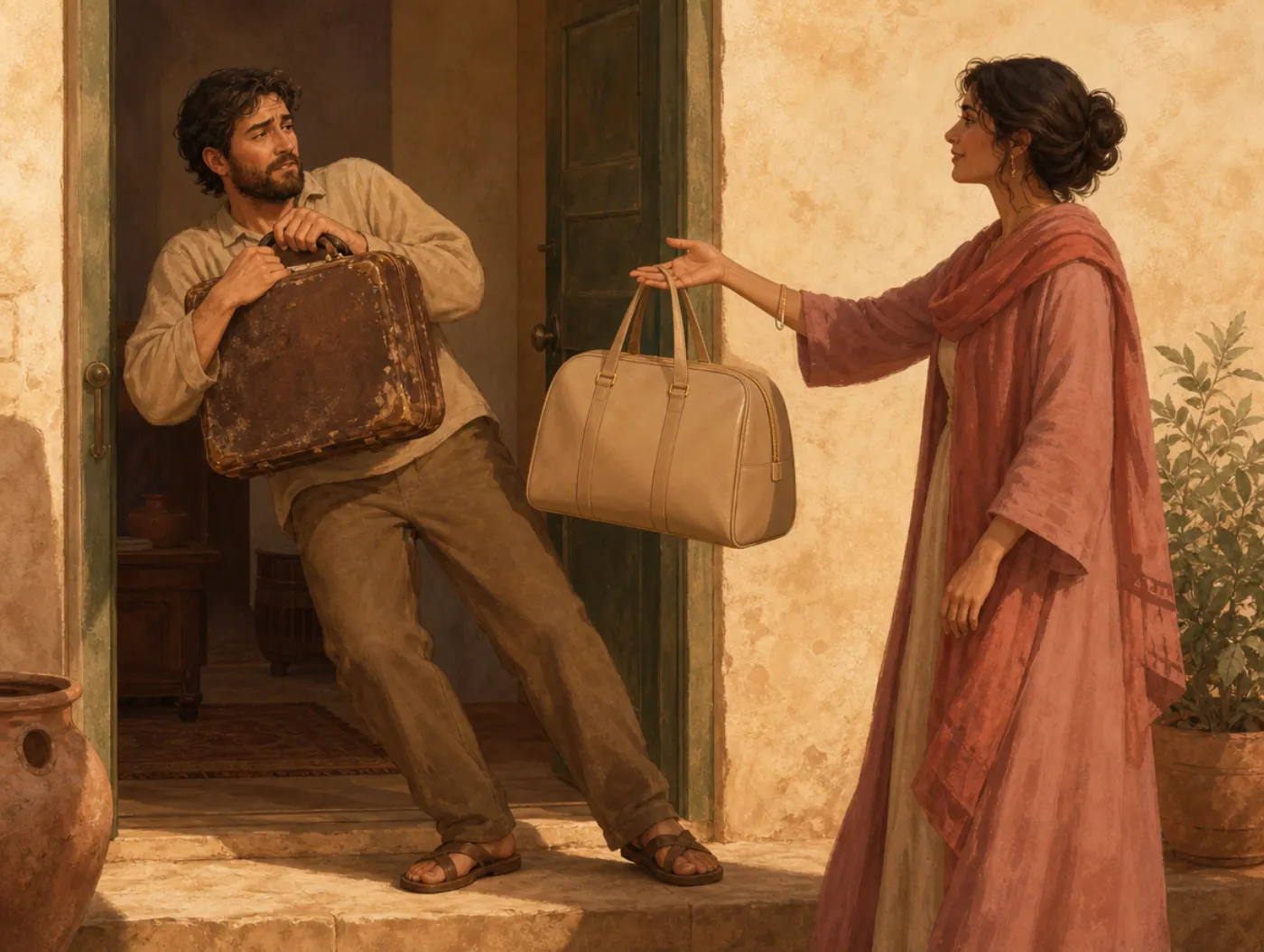 Loss aversion: a man clutches a worn suitcase to his chest, pulling away from someone offering a newer bag.