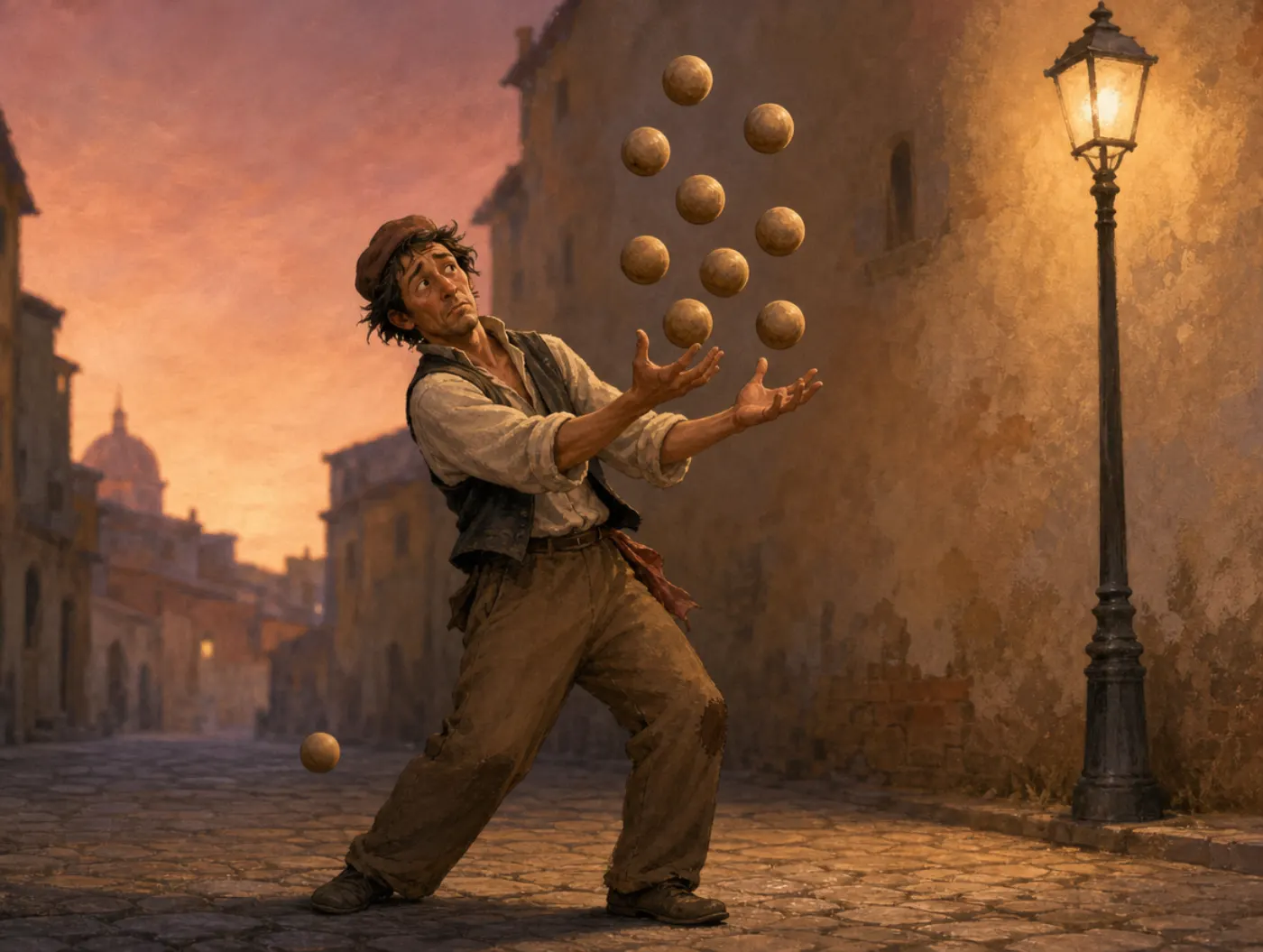 Magical number seven: a juggler keeps a tight cluster of balls aloft until one extra ball slips free and falls.