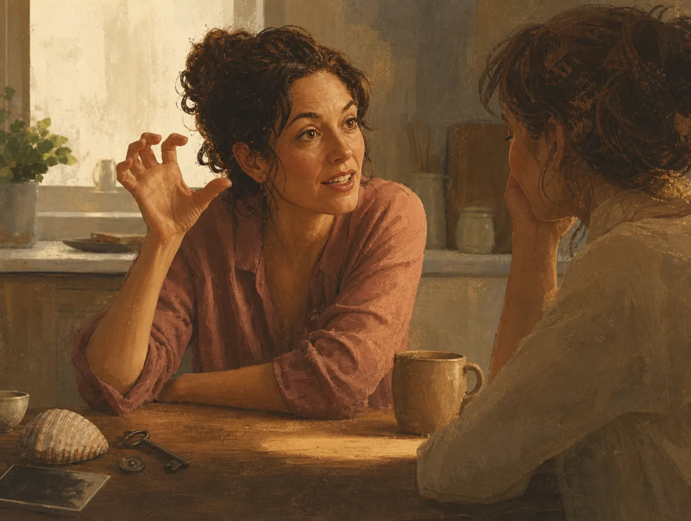 Memory inhibition: a woman vividly retells one detail while nearby keepsakes blur into shadow at the table's edge.