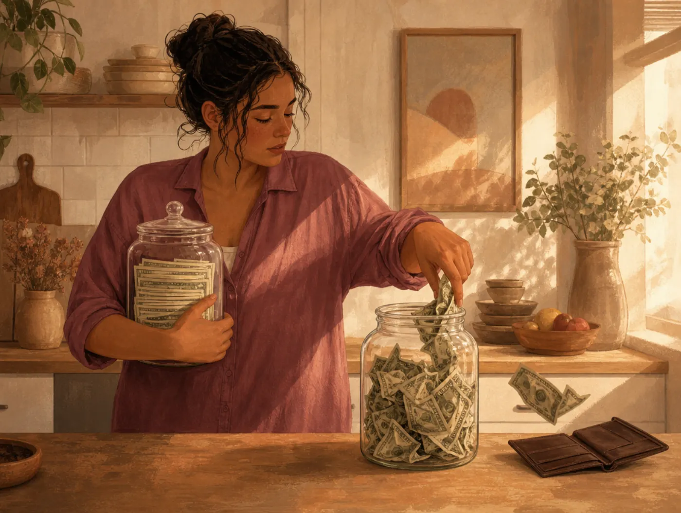 Mental accounting: a person guards neatly stacked cash in one jar while carelessly tossing crumpled bills from another.