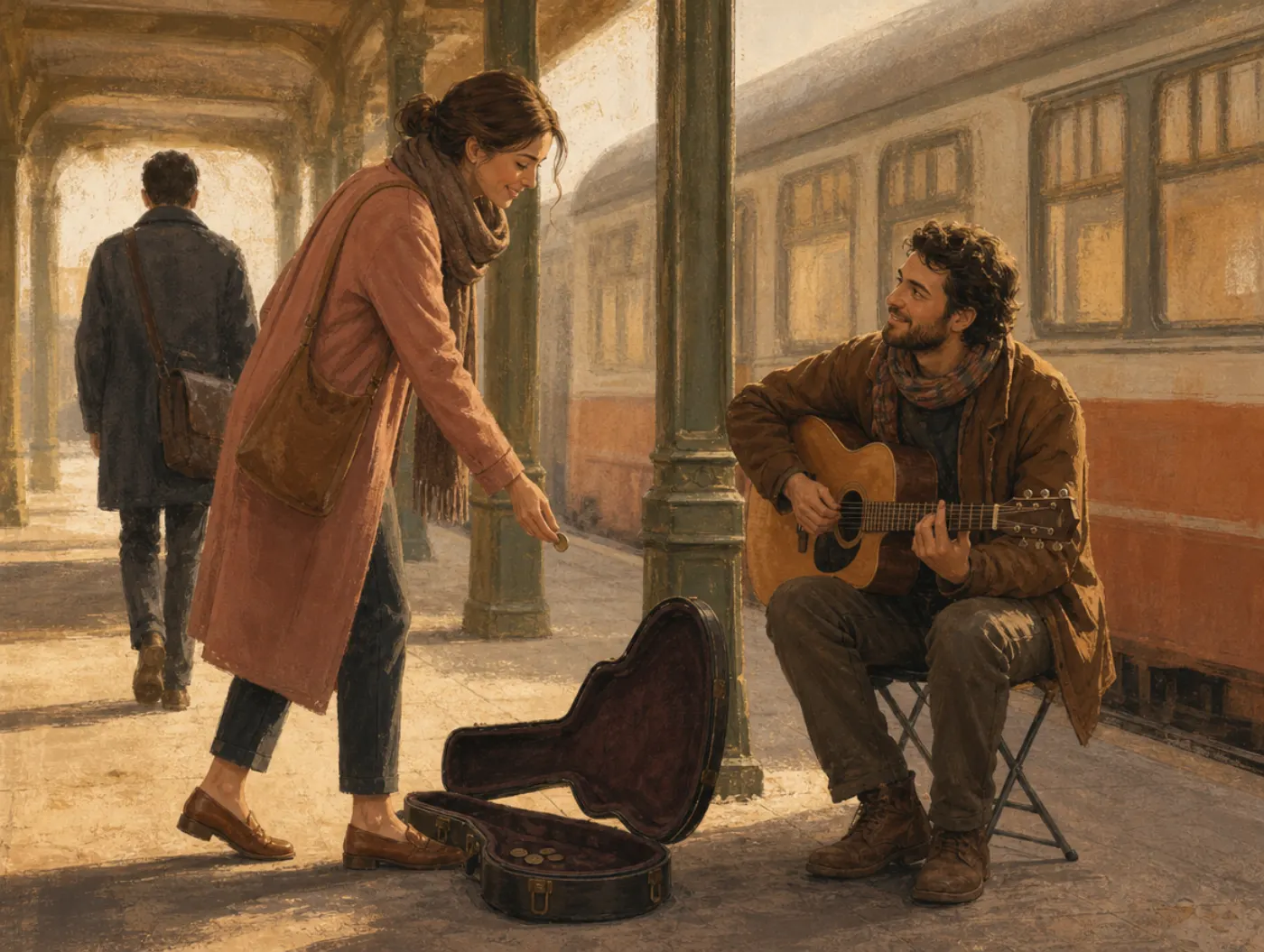 Mere-exposure effect: a commuter who passes the same street musician daily stops to smile and tip him.
