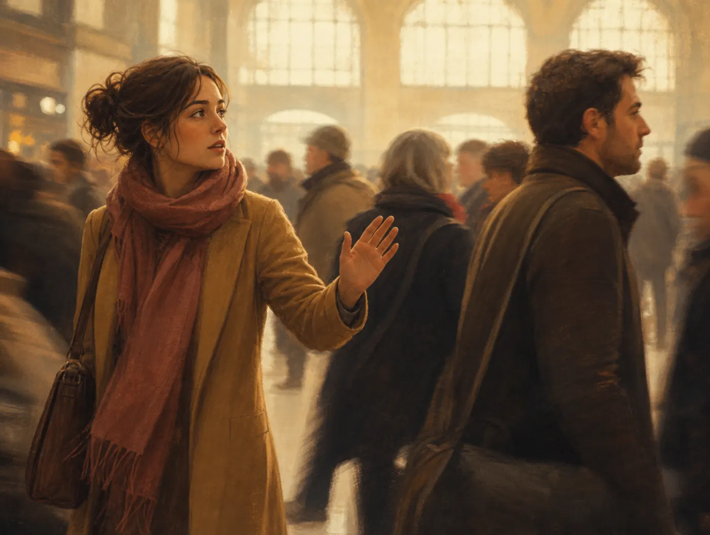 Misattribution of memory: a woman's wave falters as she half-recognizes a stranger passing in a crowd.