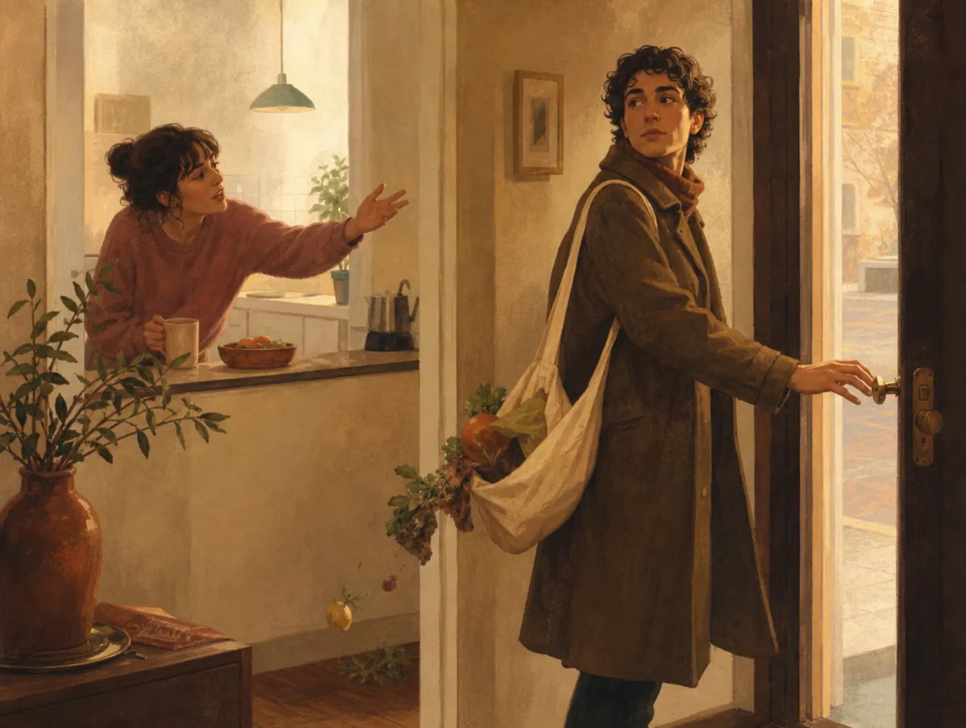 Modality effect: a person leaving turns back to catch a partner's final spoken words at the door.
