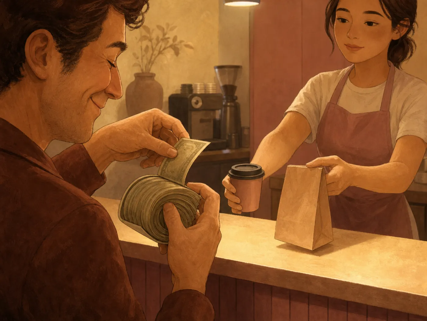 Money illusion: a customer happily peels bills from a thick roll while getting back only a small cup and a thin bag.