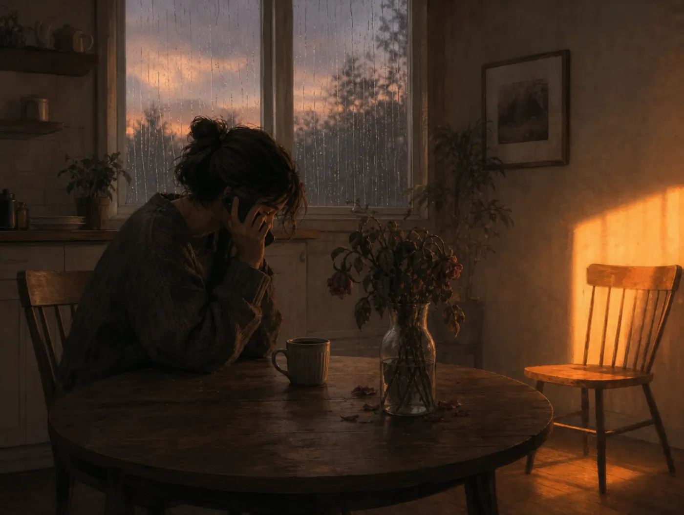 Mood-congruent memory bias: a person slumped in gray evening light notices only gloom nearby, ignoring sunlight across the ro
