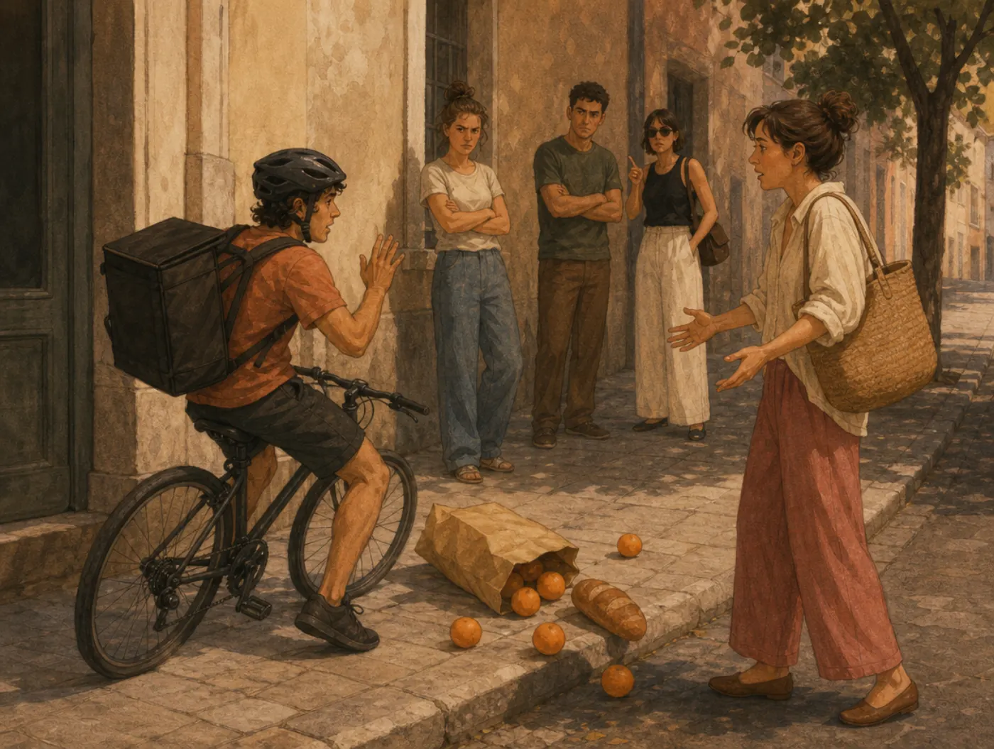 Moral luck: a cyclist is harshly judged by onlookers after his swerve spills a pedestrian's groceries.