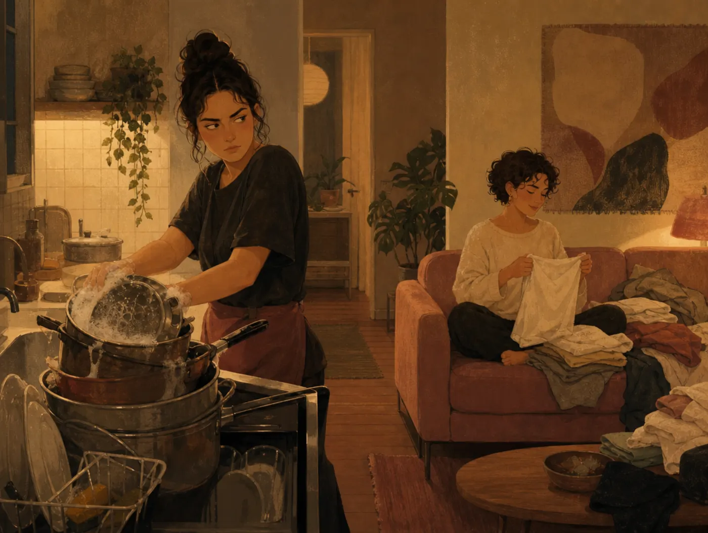 Naive cynicism: a roommate washing dishes eyes the one folding laundry with quiet suspicion.