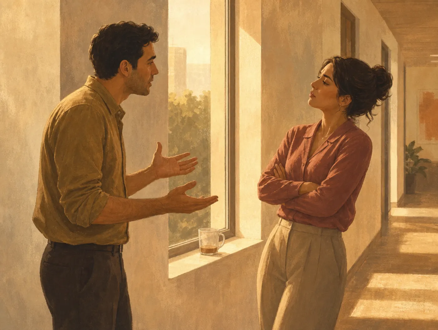 Naive realism: one coworker gestures with open palms while the other stands arms crossed, each certain they read it plainly.