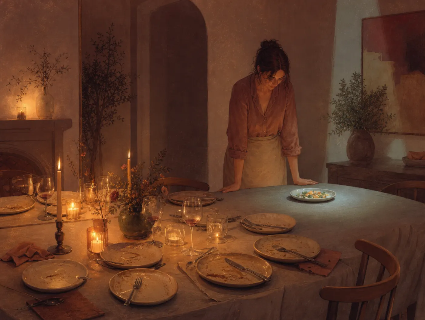 Negativity bias: a dinner host stares only at the one untouched plate on a table of empty ones.