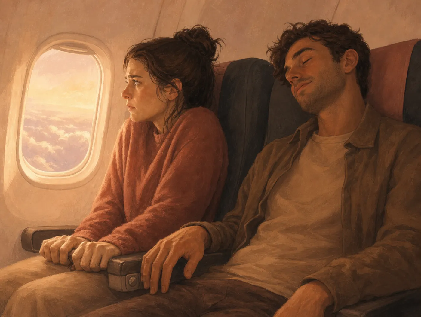 Neglect of probability: a tense airplane passenger grips the shared armrest while the seatmate beside them rests easy.