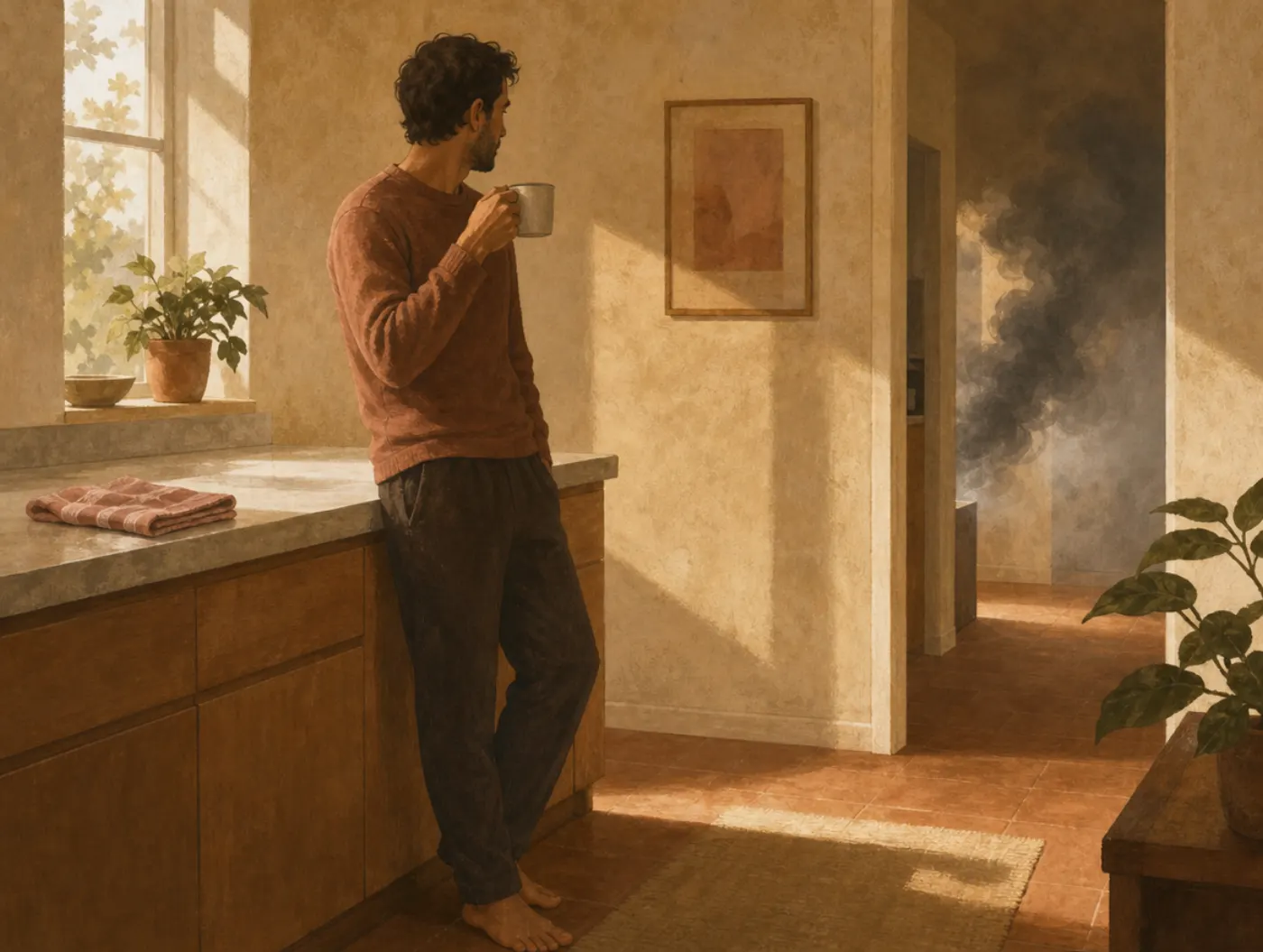 Normalcy bias: a man keeps sipping coffee as smoke drifts in, his feet still planted instead of moving.