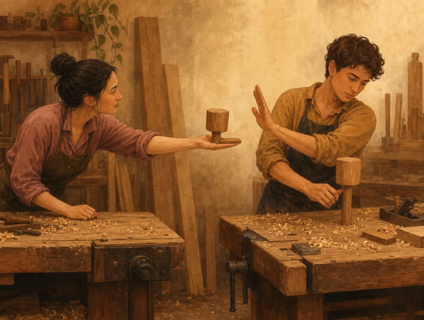 Not-invented-here syndrome: a craftsperson waves off an offered tool to grab their own near-identical one instead.