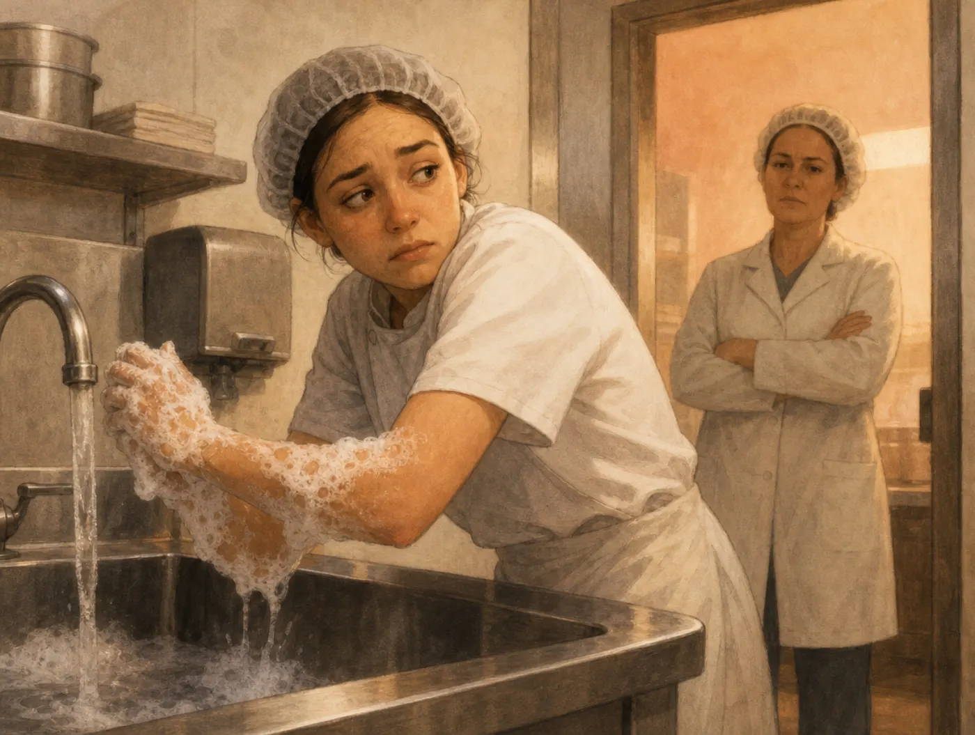 Observer effect: a worker scrubs their hands with stiff, exaggerated care while a supervisor watches from the doorway.