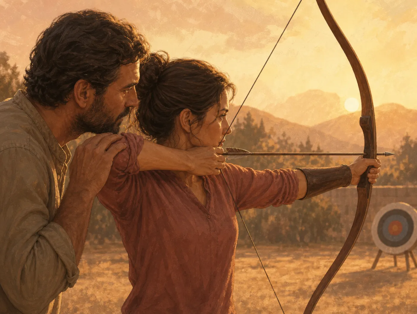 Observer-expectancy effect: a coach's held-breath tension behind an archer subtly shapes the student's draw.