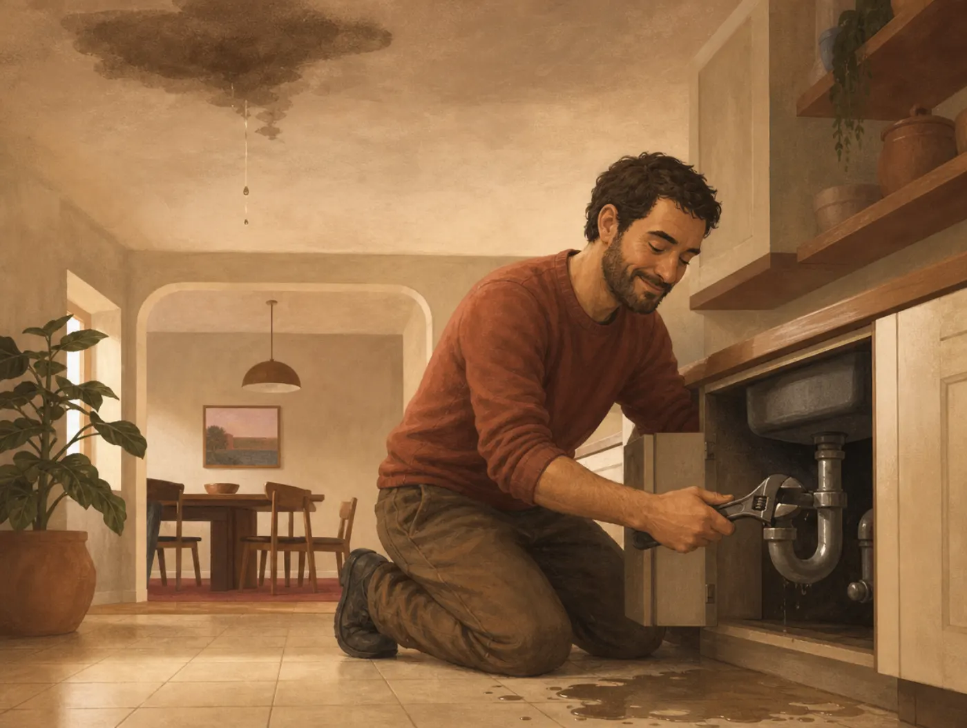 Occam's Razor: a man confidently tightens a nearby pipe while a ceiling leak spreads from an unrelated spot.