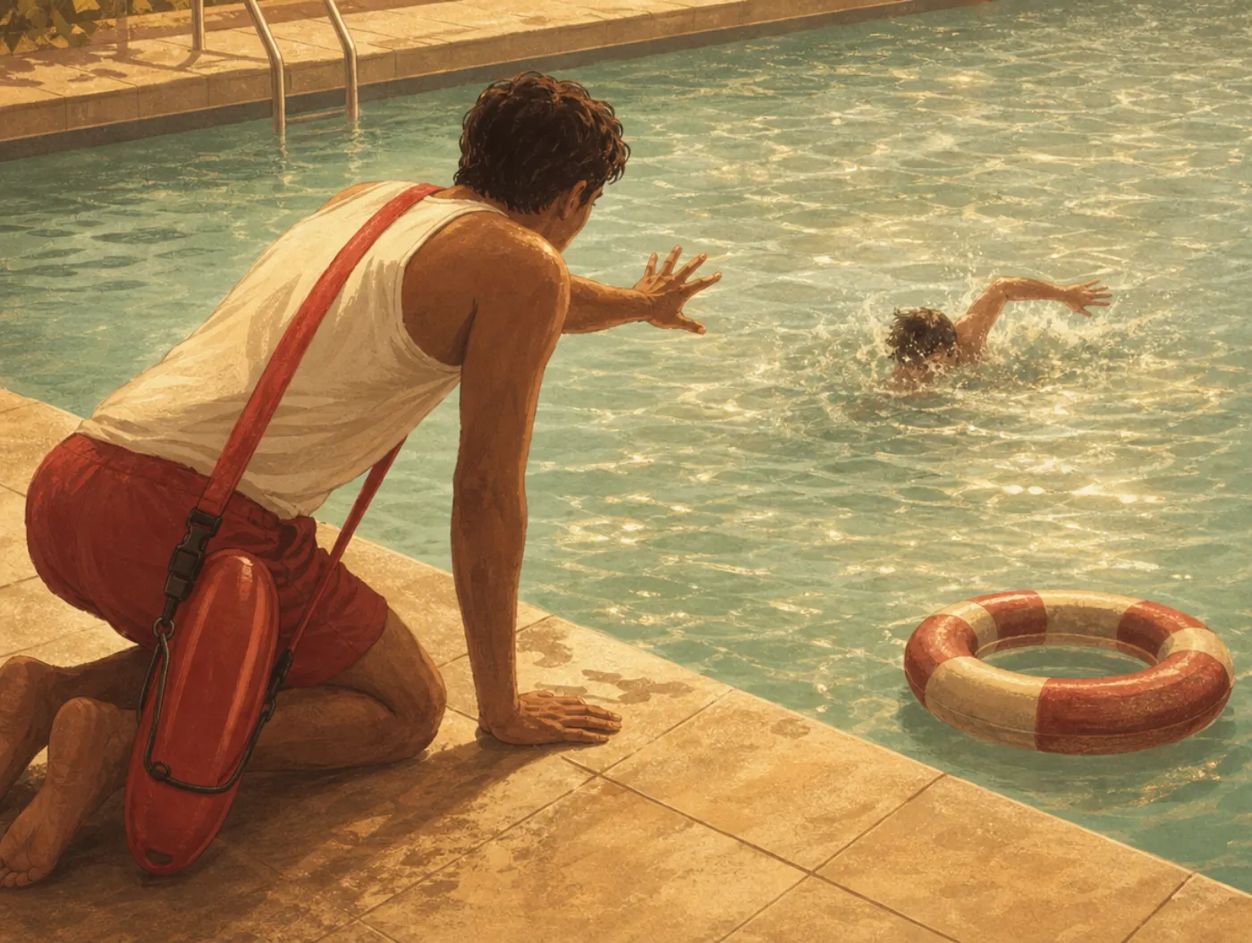 Omission bias: a lifeguard hesitates at a pool's edge, hand frozen above the water as a swimmer struggles nearby.