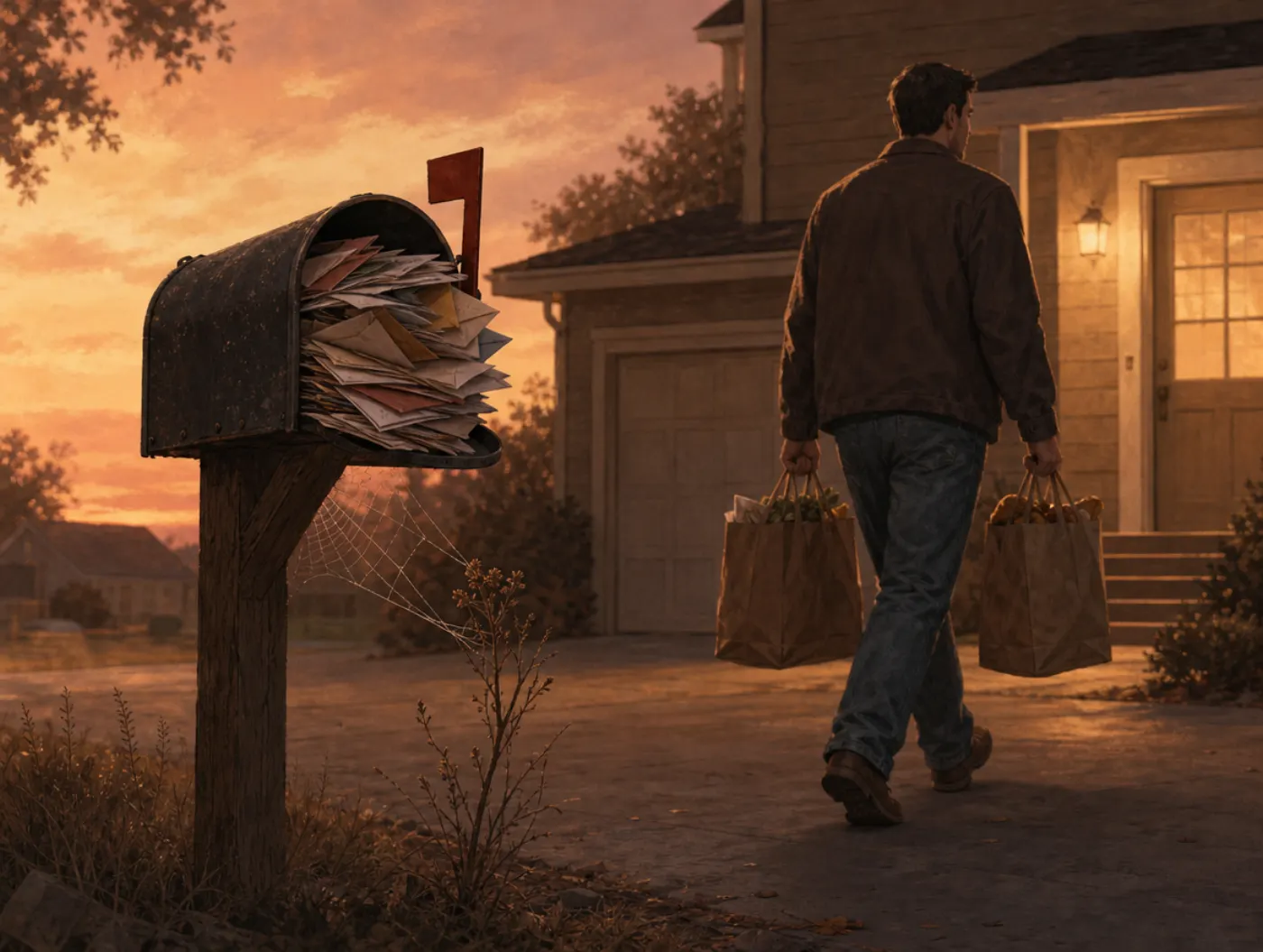 Ostrich effect: a man carrying groceries walks past an overflowing mailbox without looking at it.