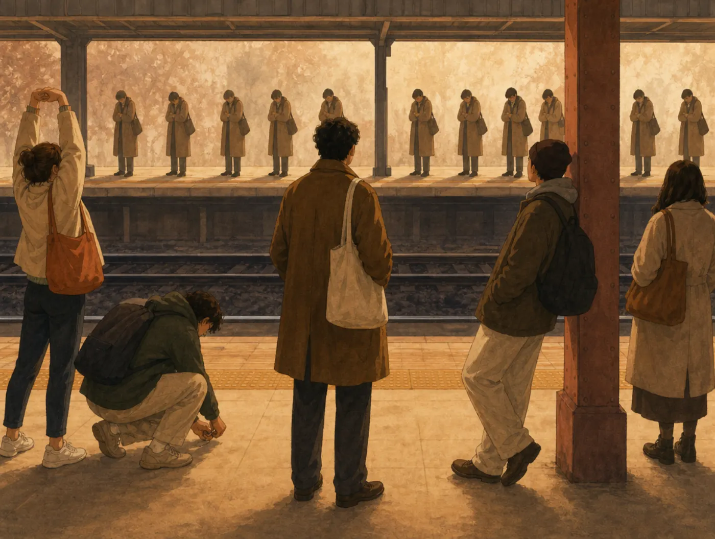 Out-group homogeneity bias: a commuter sees distant strangers as uniform while nearby people show varied postures.