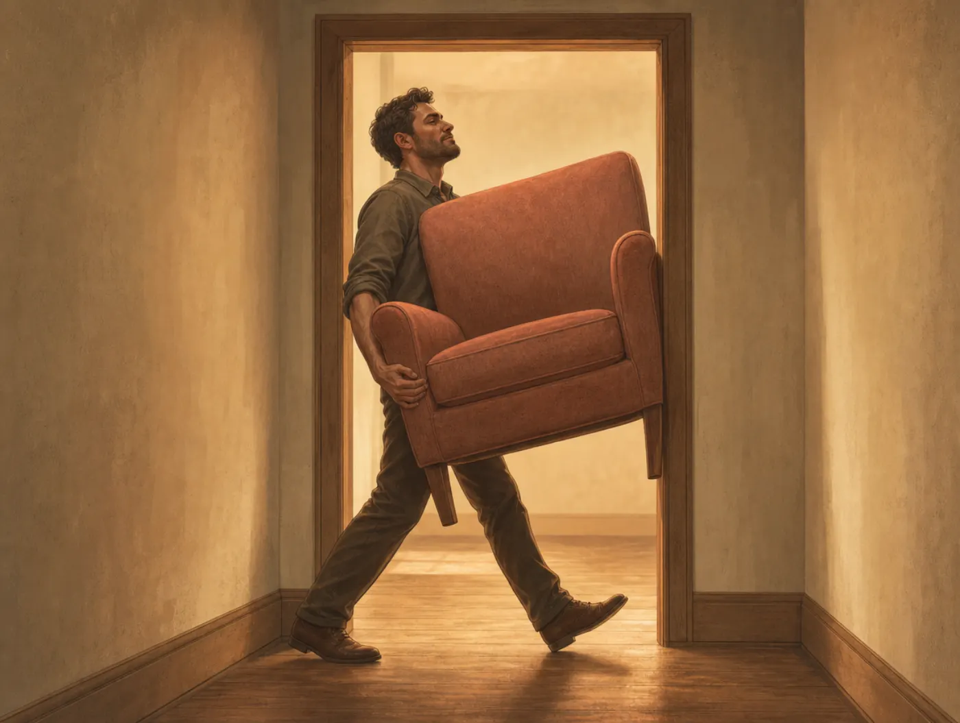 Overconfidence effect: a man strides through a doorway with a wide armchair that is about to collide with the frame.