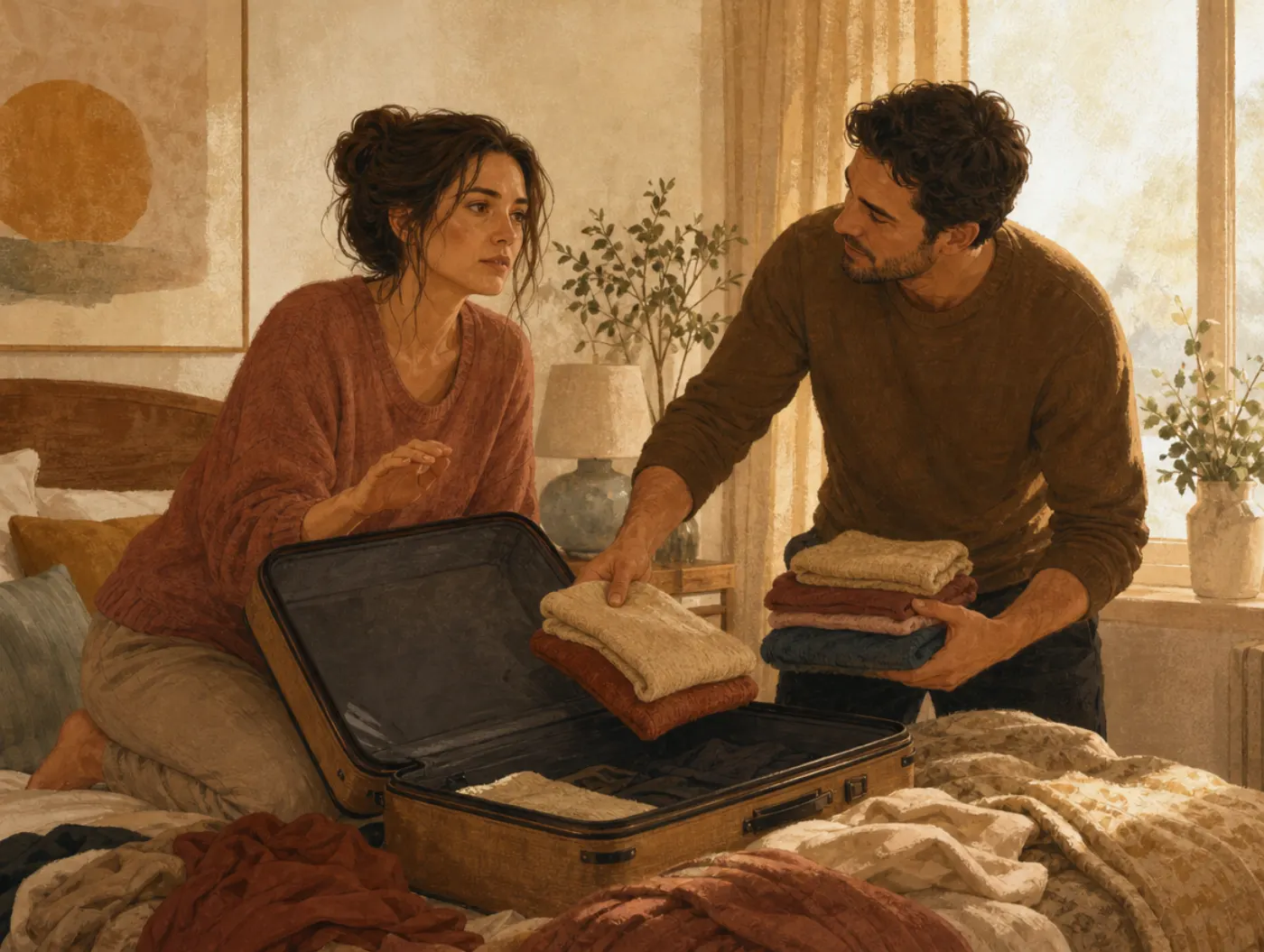Part-set cueing effect: a man hands over folded clothes while the packer freezes, unable to recall the rest.