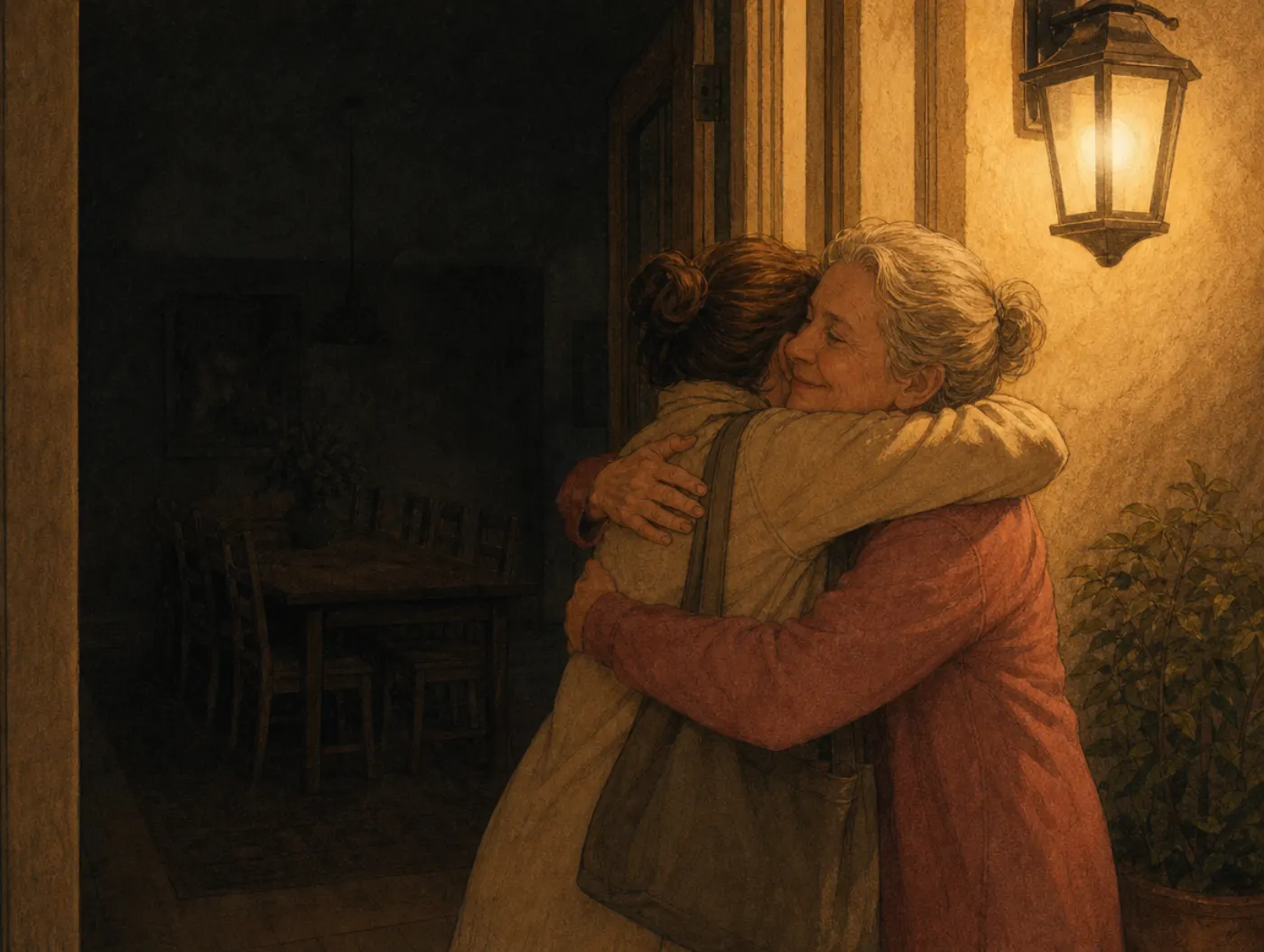 Peak-end rule: a brightly lit farewell hug at a doorway outshines a dim, forgotten dinner table behind it.