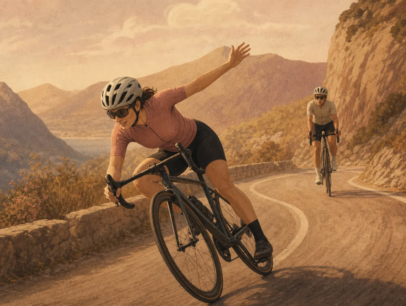 Peltzman effect shown as a helmeted cyclist leaning recklessly into a turn while a cautious rider trails behind.