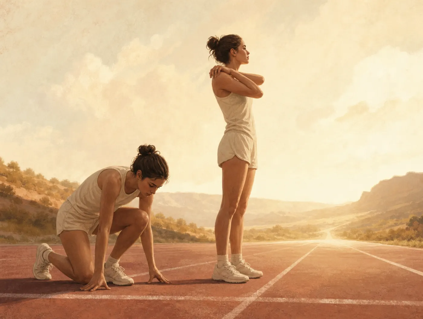 Pessimism bias: a tense, hunched runner braces at the starting line while a relaxed runner beside them stands easy.