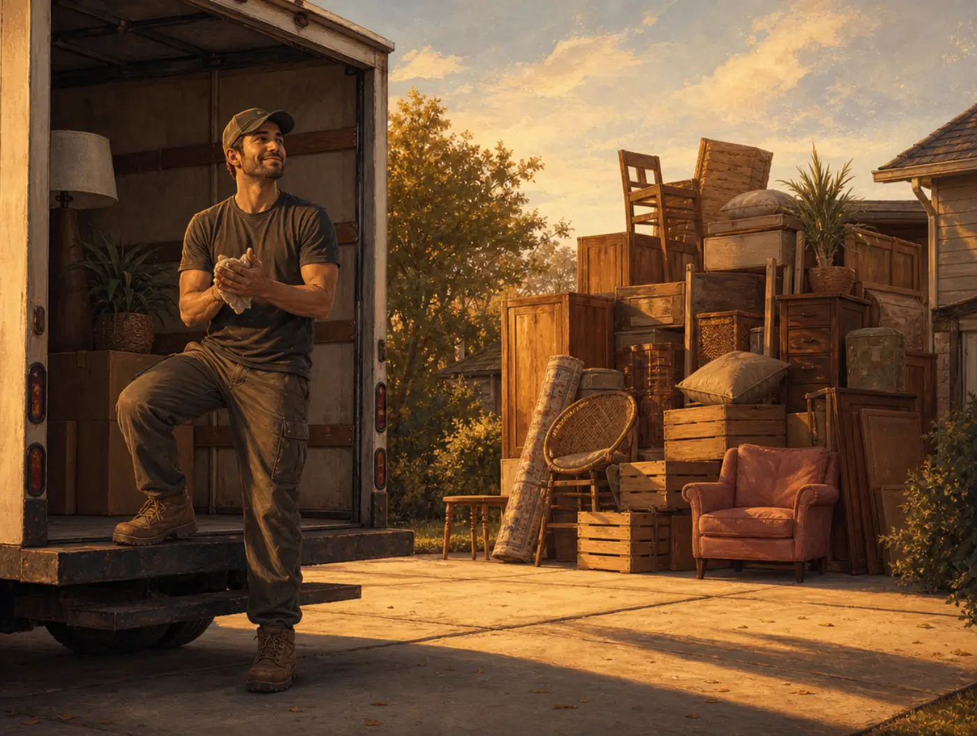 Planning fallacy: a mover closes up the truck as if finished while a tall pile of furniture still waits untouched behind them