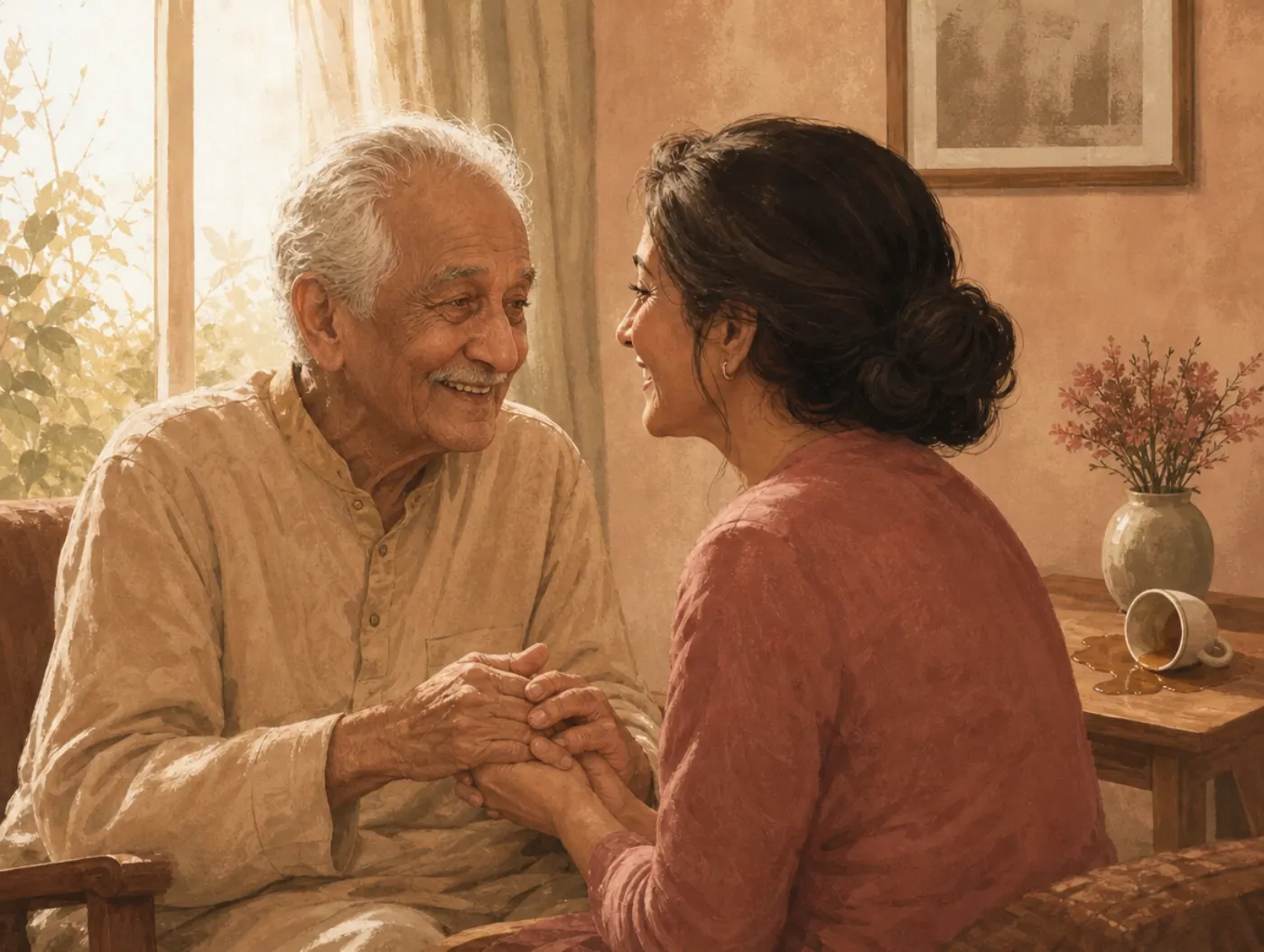 Positivity effect: an older man leans toward his daughter's warm handclasp, ignoring a spill behind him.
