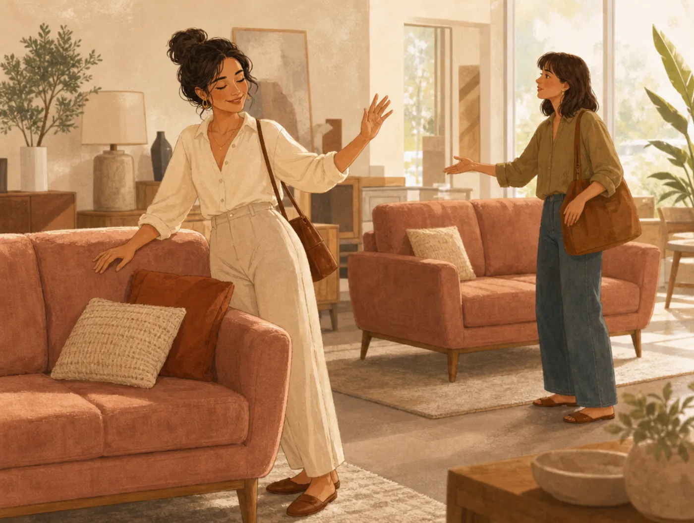 Post-purchase rationalization: a shopper fondly touches her new sofa while waving off a nearly identical one nearby.
