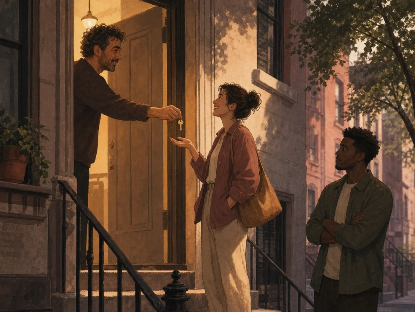 Prejudice shown as a landlord handing an apartment key to one applicant while turning away from a second waiting nearby.
