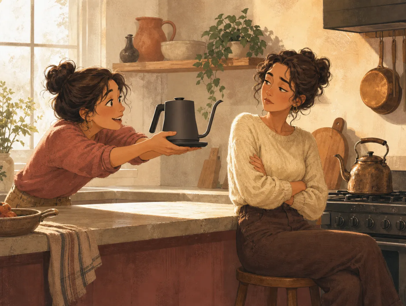 Pro-innovation bias: a friend eagerly offers a shiny gadget while the other leans back, arms crossed, beside an old kettle.