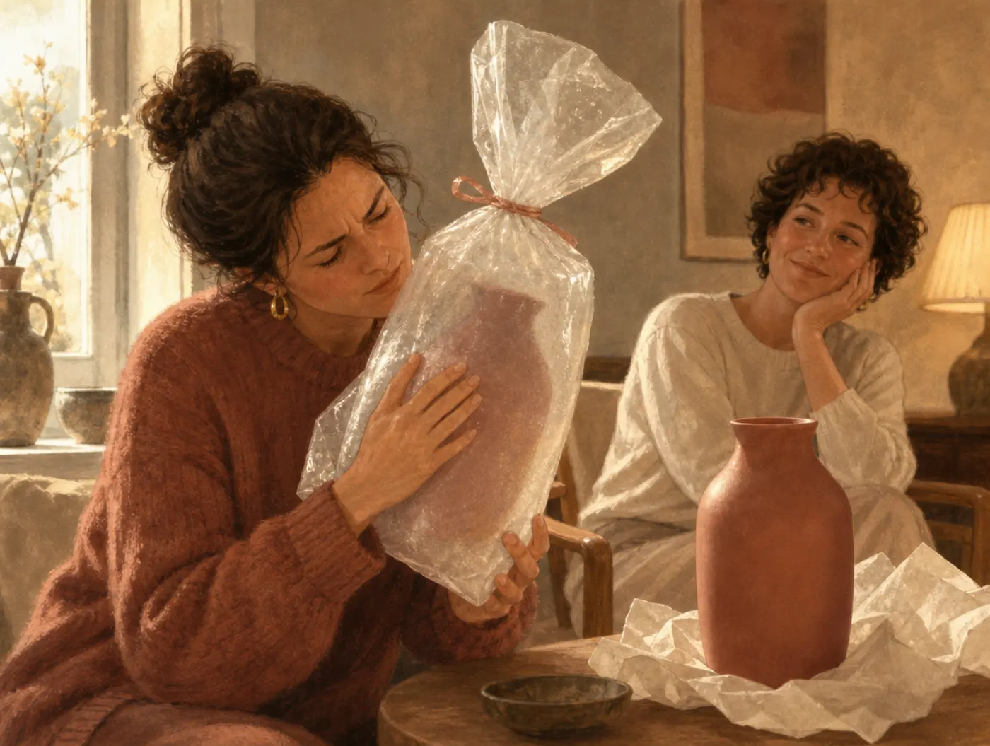 Processing difficulty effect: a woman strains to feel the blurred shape of a frosted-wrapped gift, believing the effort will make the gift more memorable.