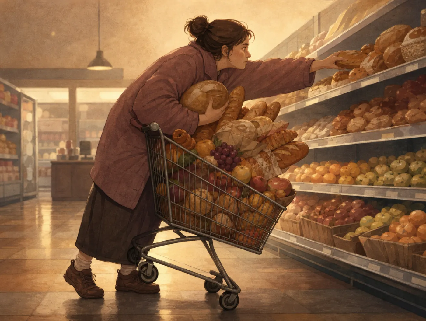 Projection bias: a hungry shopper piles a cart with far more bread and fruit than one person could eat.