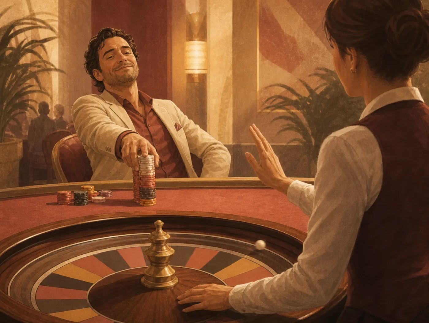 Pseudocertainty effect: a gambler relaxes and pushes chips forward while the roulette wheel is still spinning, unresolved.