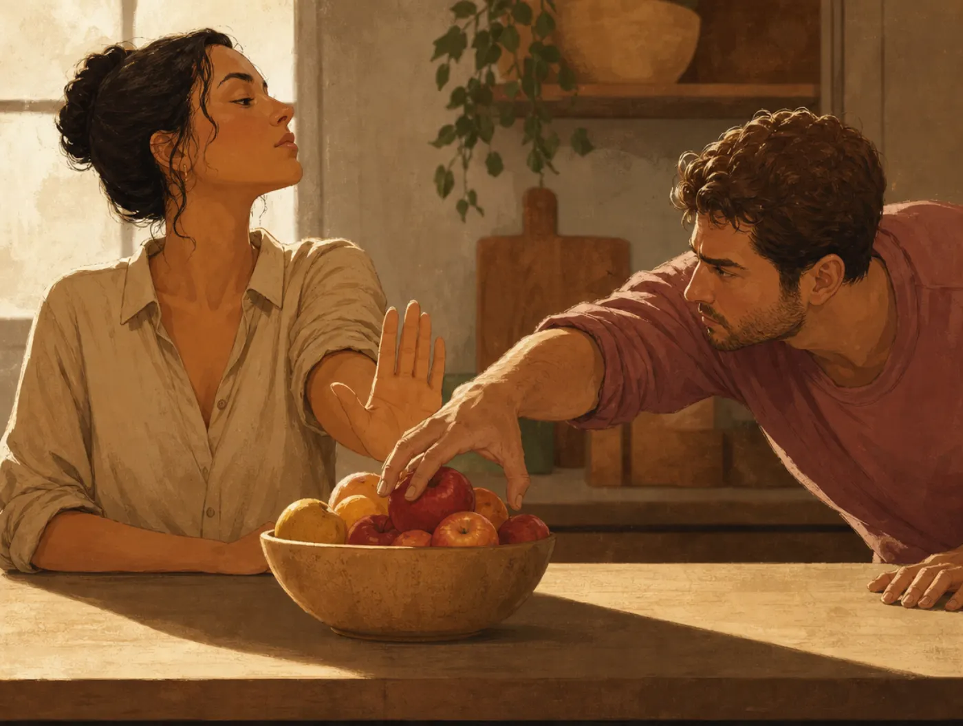 Reactance: a hand blocks a fruit bowl while another arm reaches defiantly past it to grab an apple anyway.