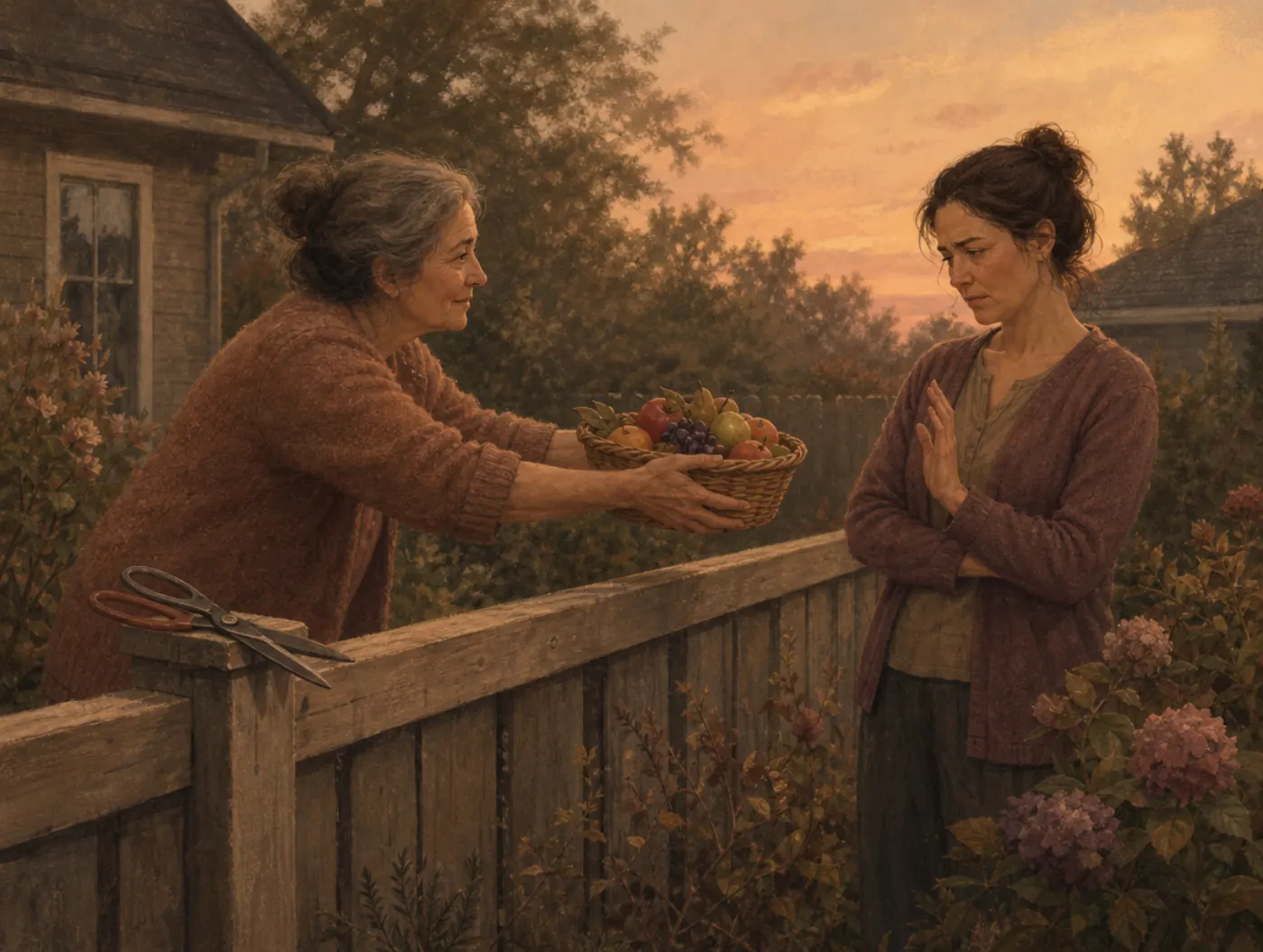 Reactive devaluation: a neighbor recoils from a basket of fruit offered across a garden fence.