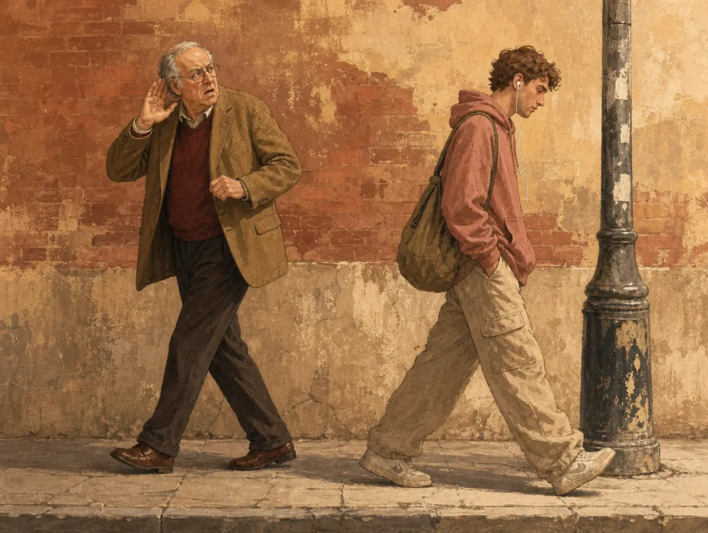 Recency illusion: an older man stops, startled, reacting to a younger passerby's habit on a worn, long-standing street.