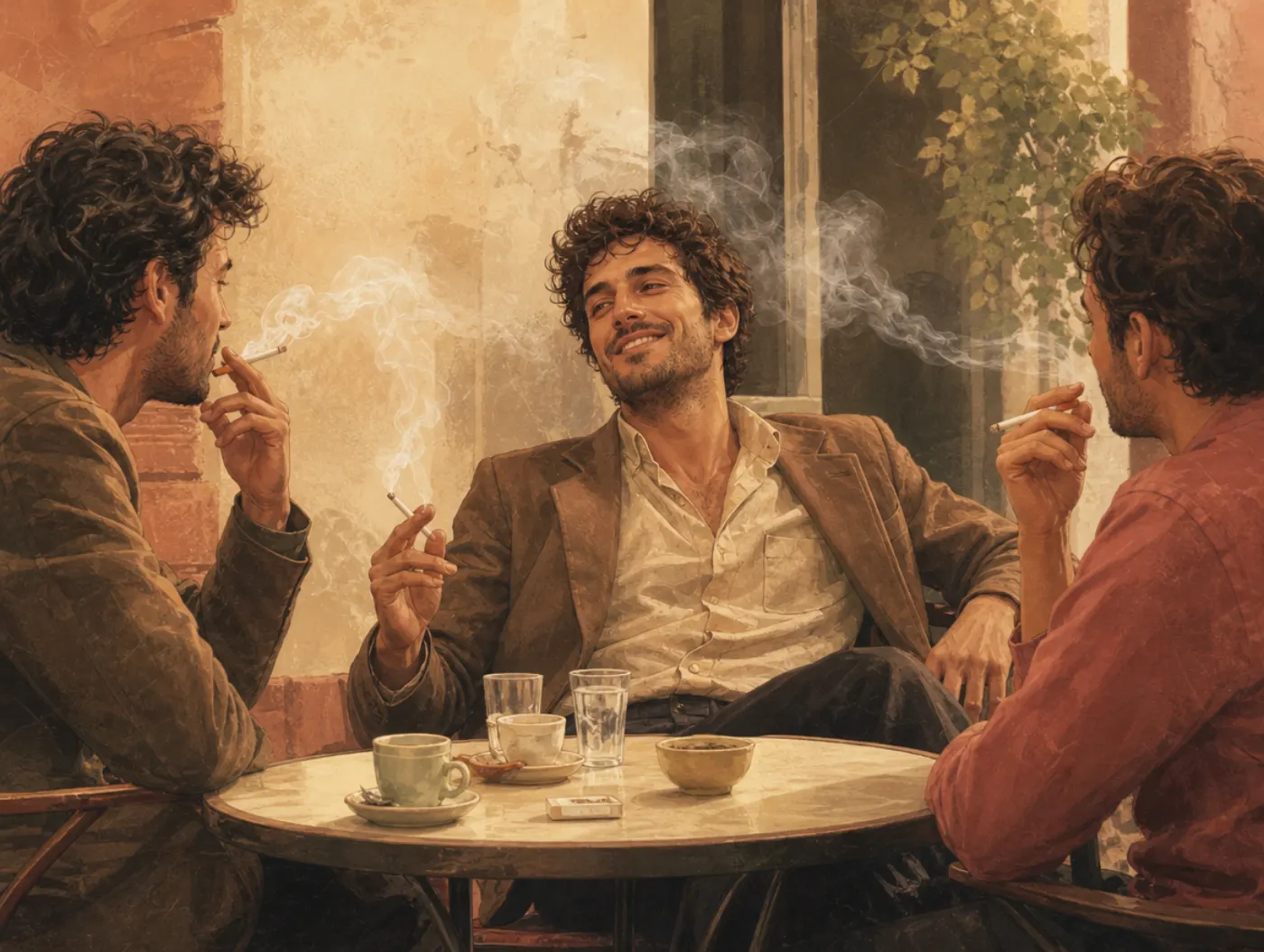 Restraint bias: a smiling man at a cafe table smokes with two friends, settled in the place where the craving is strongest.