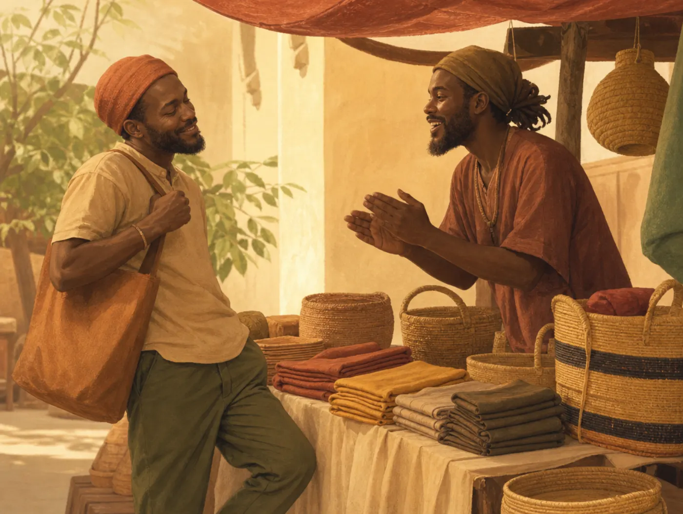 Rhyme-as-Reason Effect: a market customer sways and nods, swept along by a vendor's rhythmic pitch.