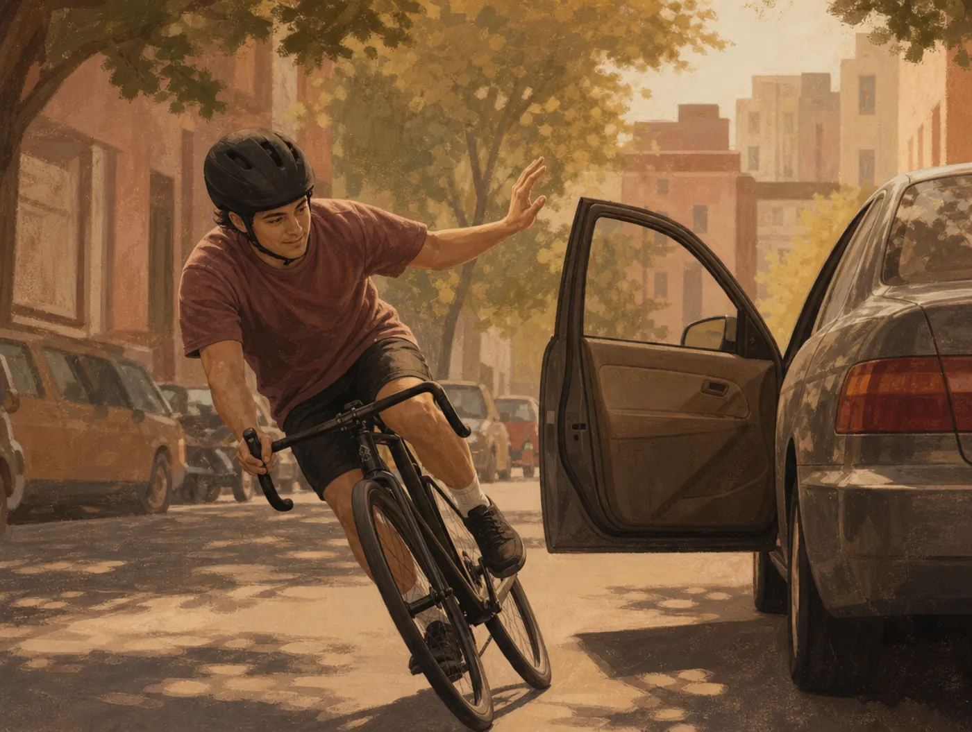 Risk Compensation: a helmeted cyclist leans into a fast, close turn, riding bolder because the gear feels safe.