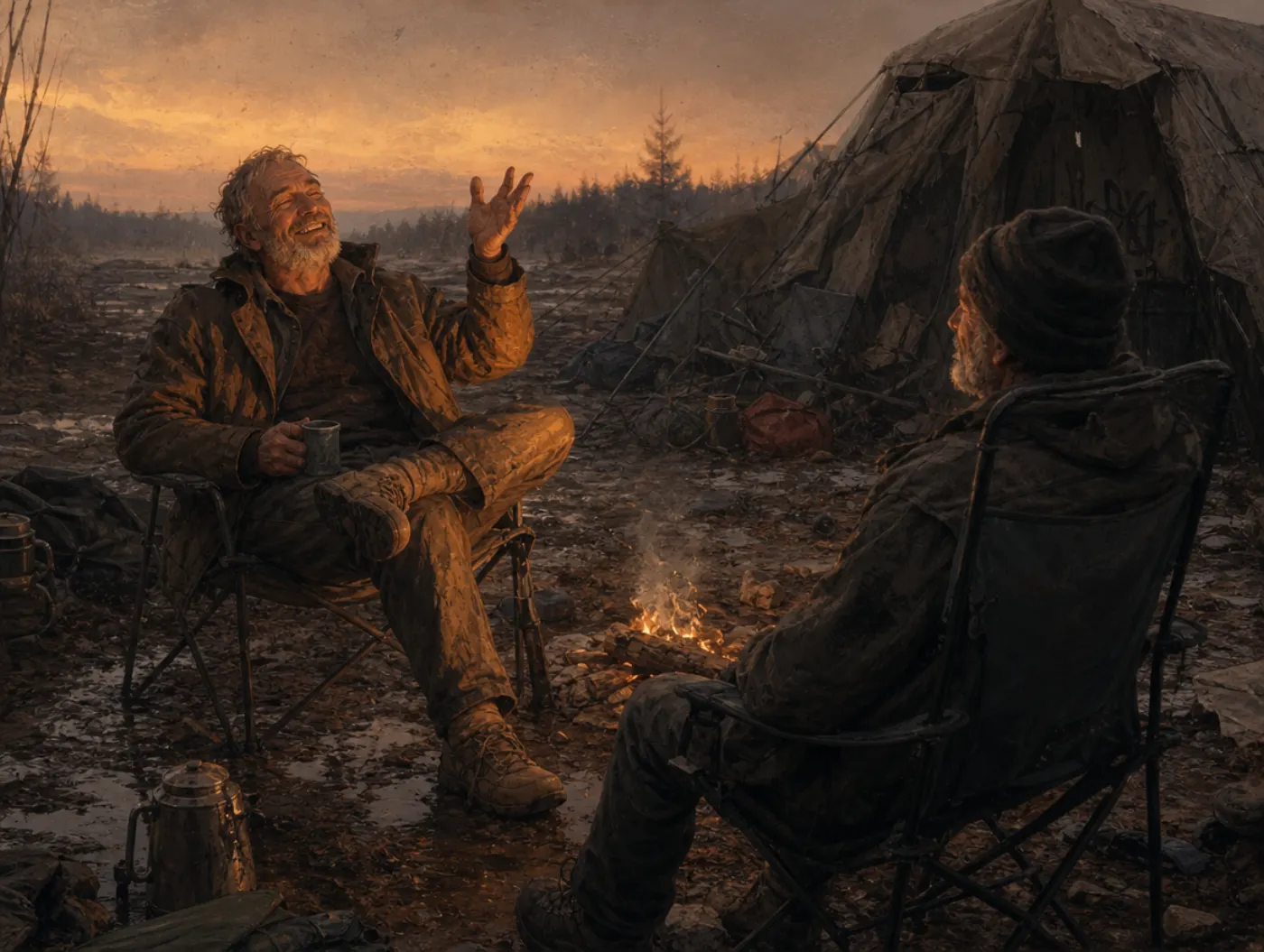 Rosy retrospection: a camper beams at a golden memory while the muddy, sagging campsite around them tells another story.